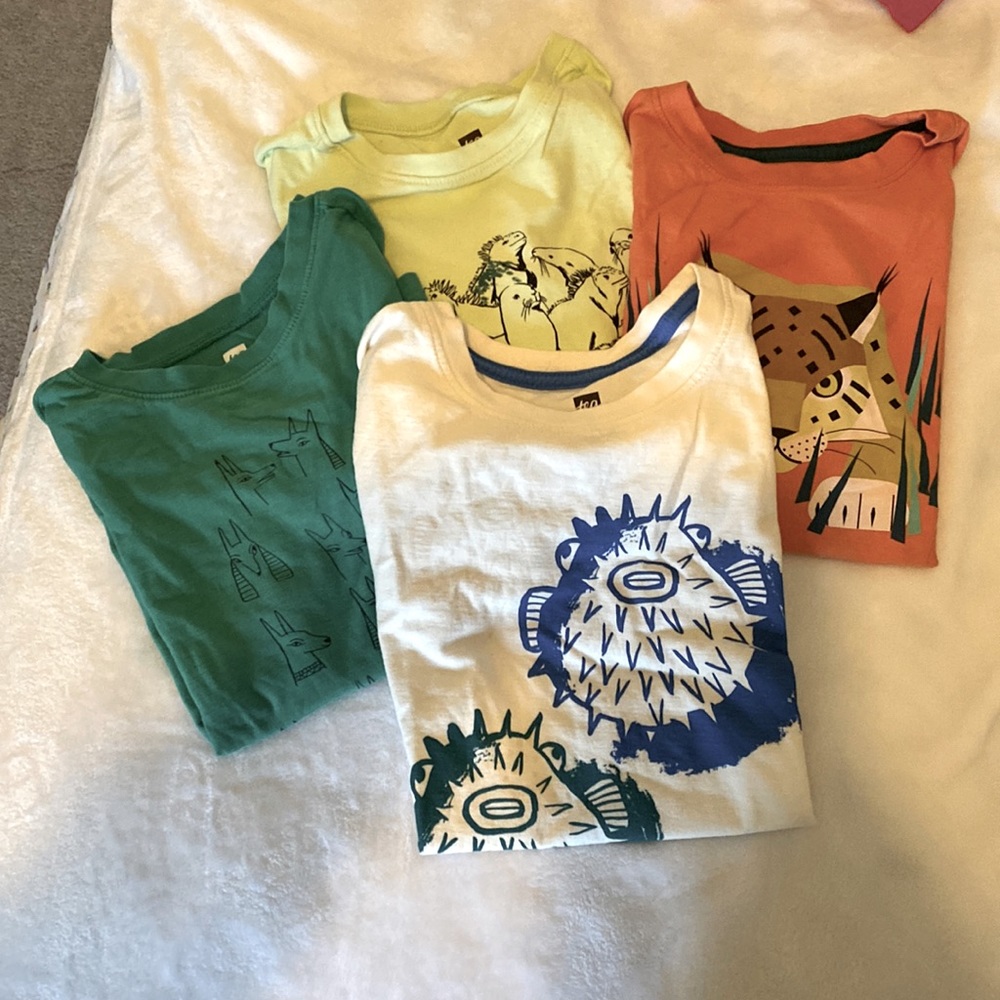 Bundle of 4 S/S Tea t-shirts.  Sizes 7 and 8–all in nearly new condition!